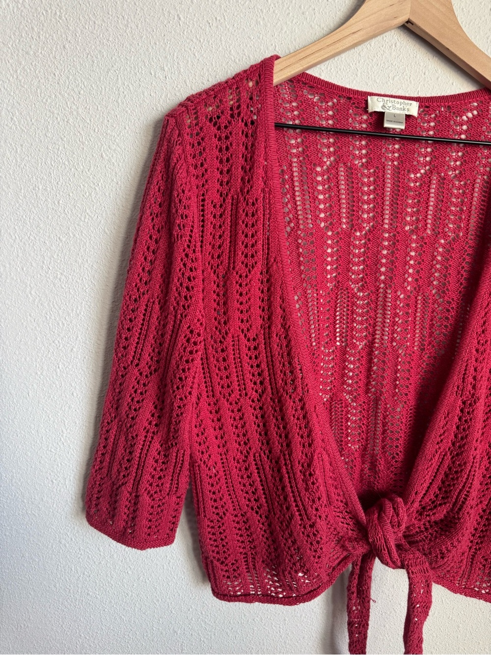 Open Knit Tie-Front Cardigan in Deep Raspberry - Picture 3 of 5